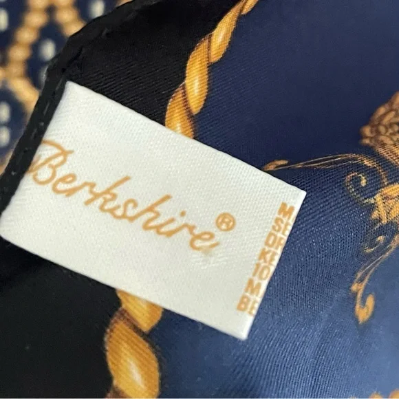 Vintage Berkshire Made in Italy Scarf | Navy Gold Tassel Print Square - Picture 6 of 7
